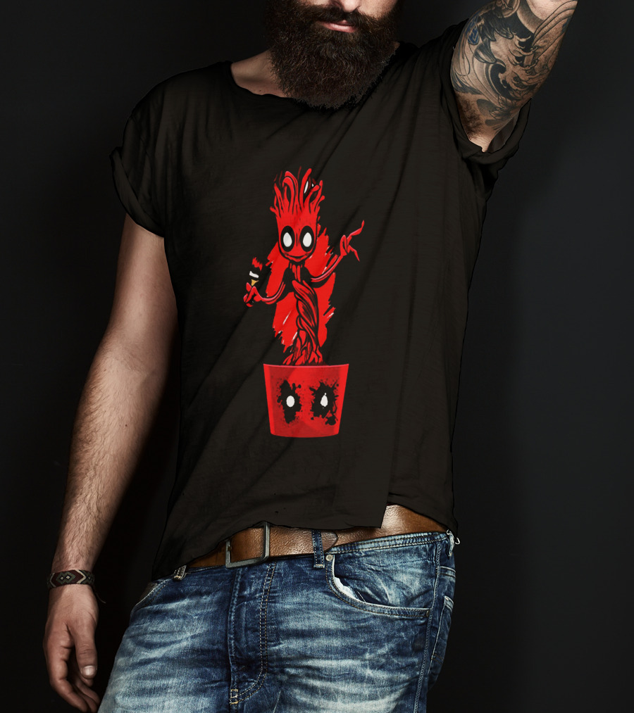 Deadpool Groot Mashup With Baby Tree Holding Paintbrush In Red Pot With Comic Mask Eyes T-Shirt
