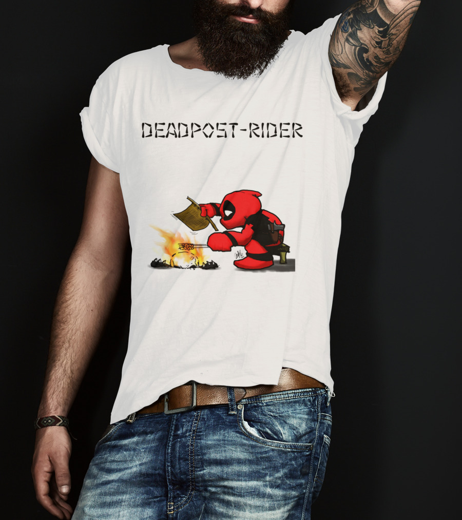 Deadpool Rider Cooking Marshmallow Over Fire Cartoon Scene T-Shirt