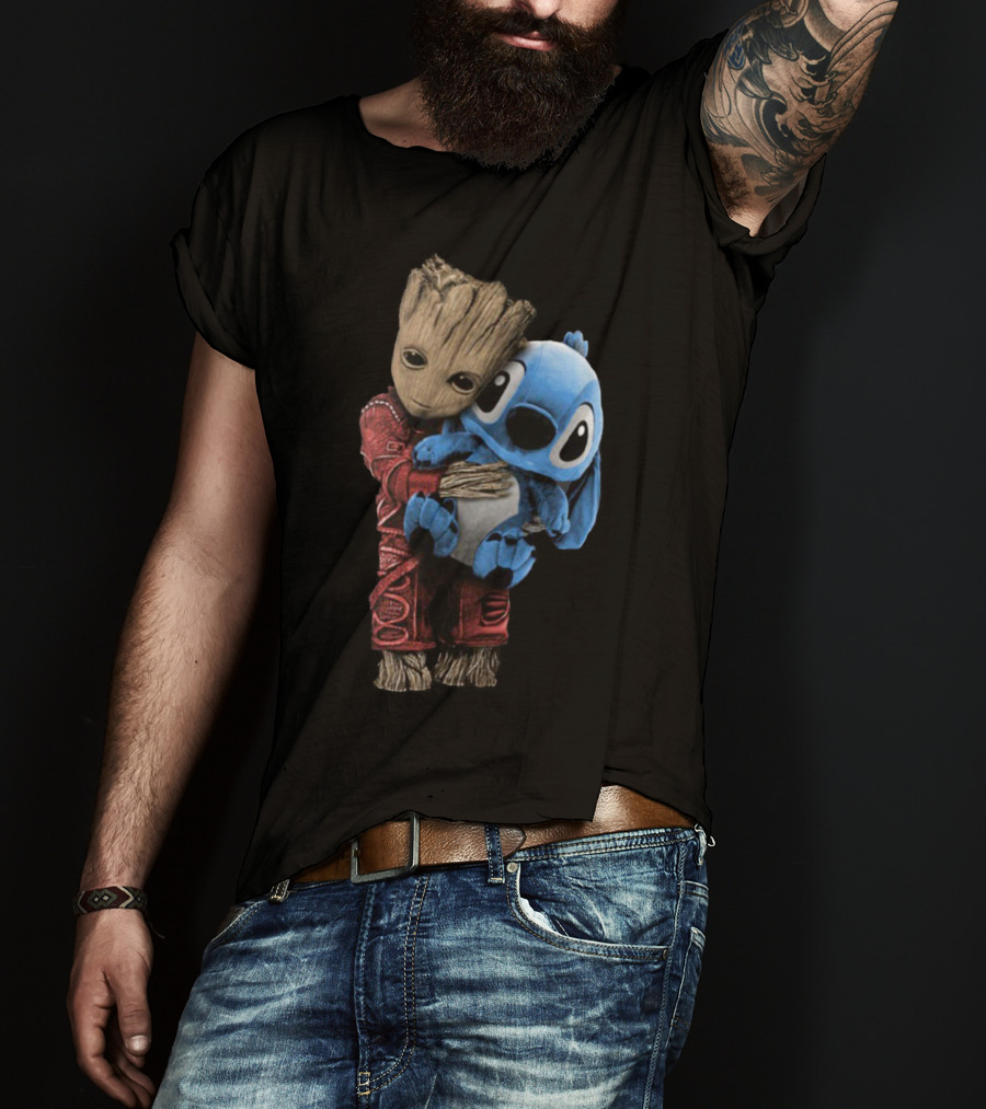 Groot And Baby Stitch Hugging Compilation Disney Marvel Crossover T-Shirt
