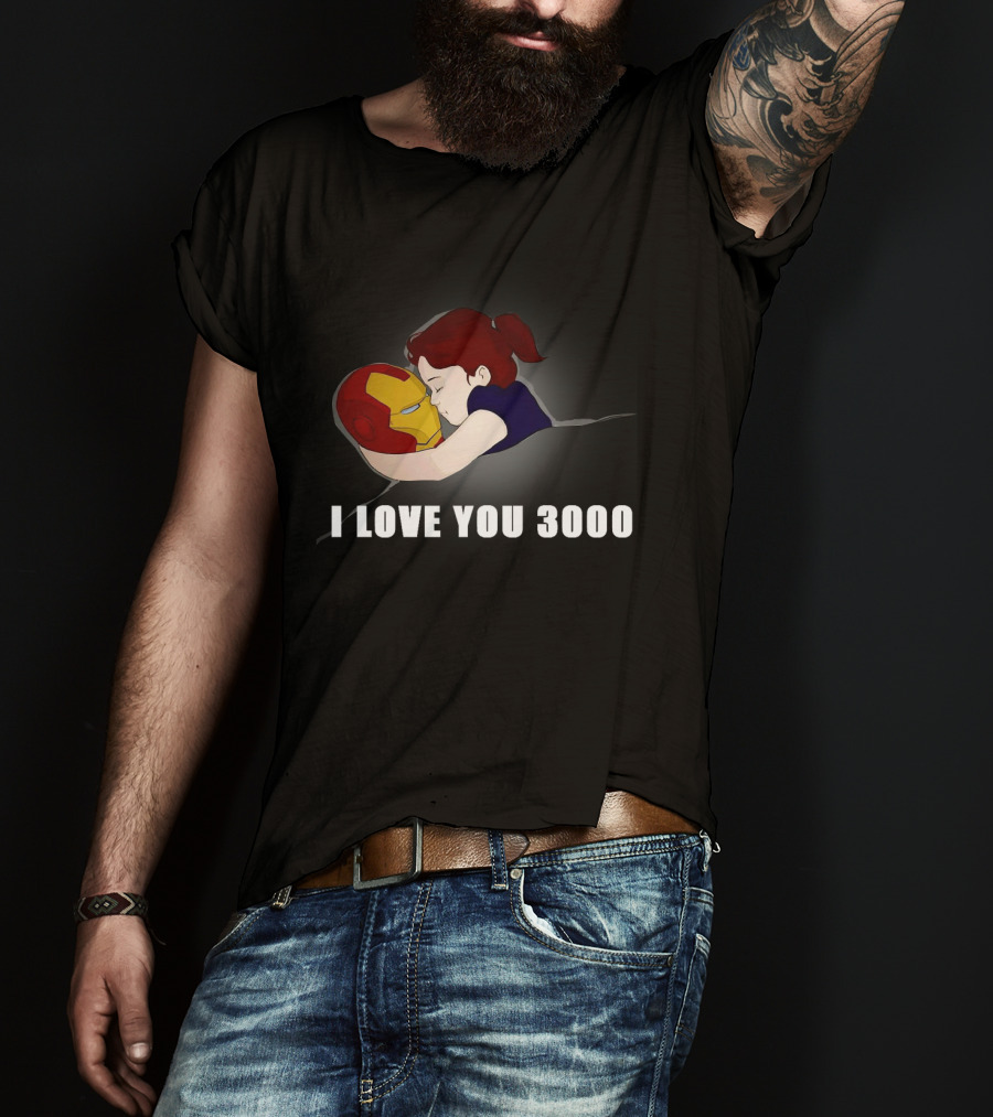 Morgan Stark Hugging Iron Man Helmet With I Love You 3000 Text T-Shirt