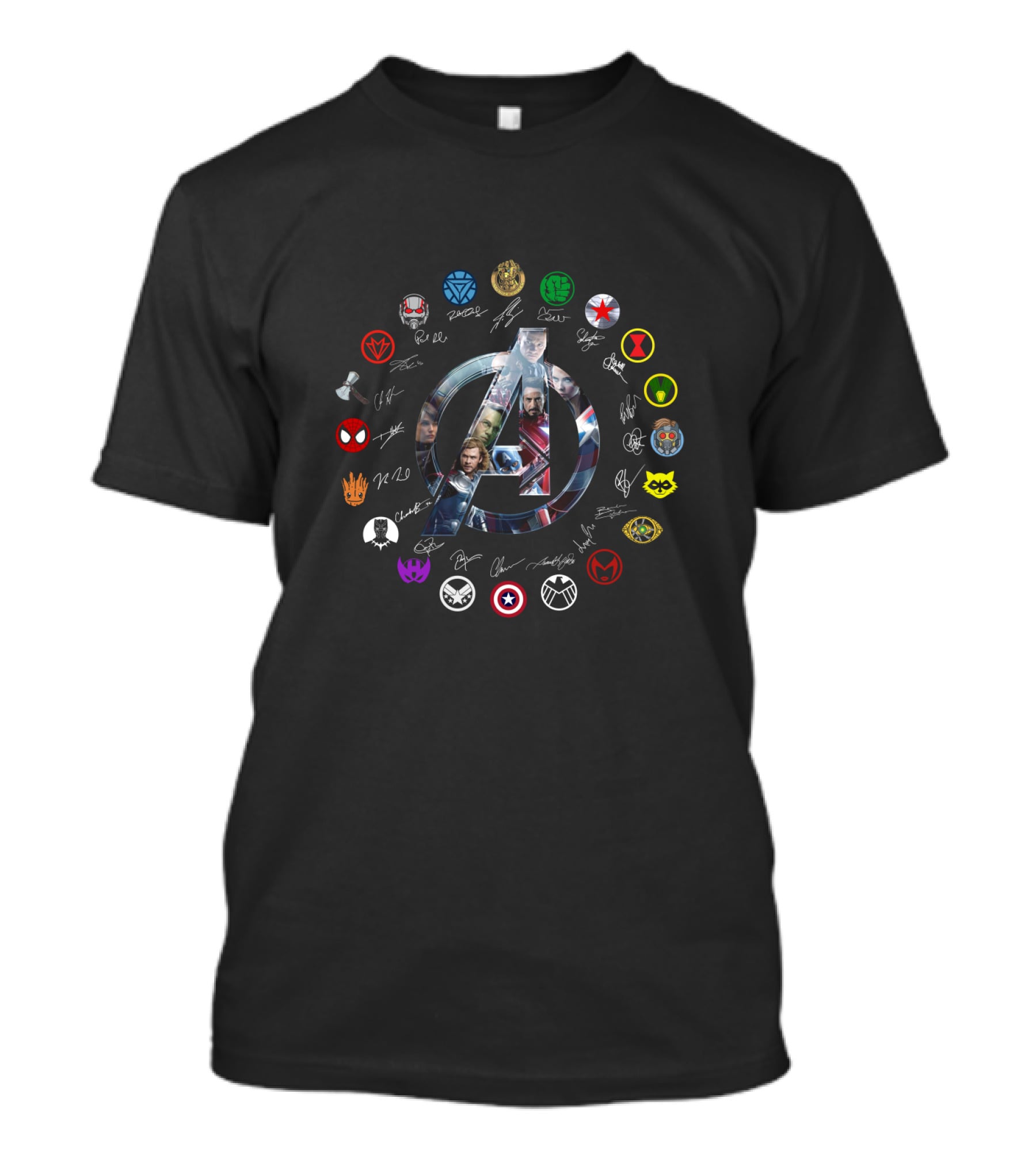 Avengers Endgame Icon With Character Portraits And Signatures Featuring Hero Symbols T-Shirt