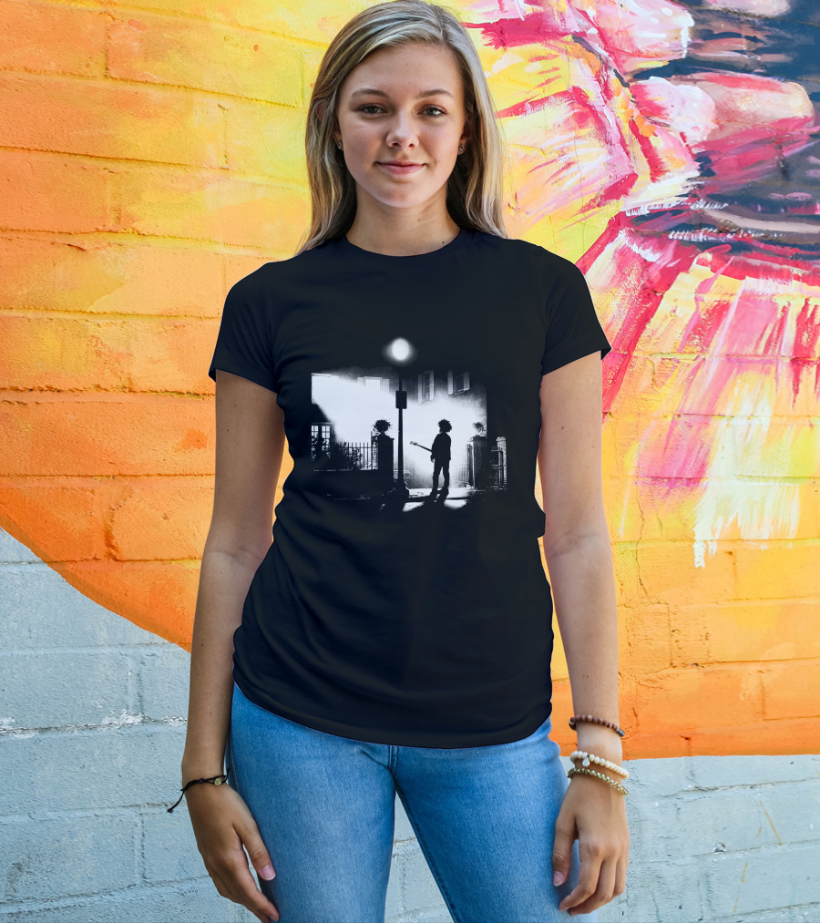 Curexorcist Gothic Silhouette Under Streetlight With Guitar In Black And White Urban Scene T-Shirt