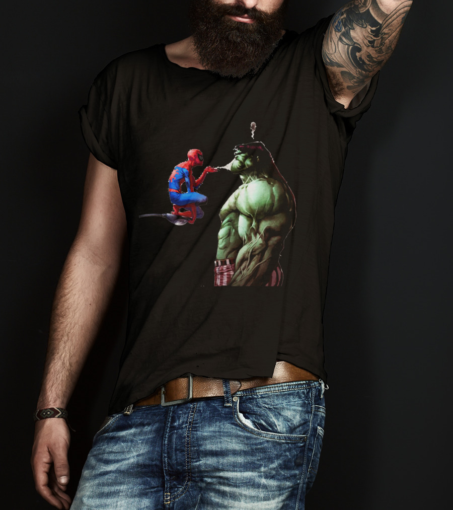 Hulk And Spiderman Coffee Confrontation Iconic Moment T-Shirt