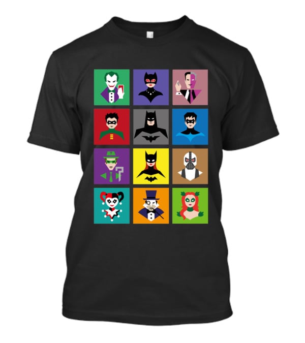 Batman Animated Villains Heroes Joker Catwoman Two-Face Robin Nightwing Riddler Batgirl Bane Harley Quinn Penguin Poison Ivy T-Shirt