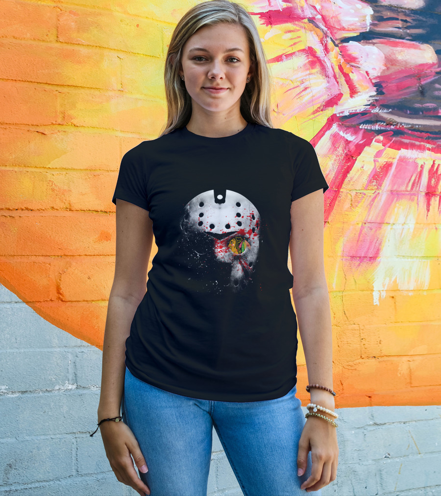 Chicago Blackhawks Jason Mask Blood Splatter Nhl Horror Crossover T-Shirt