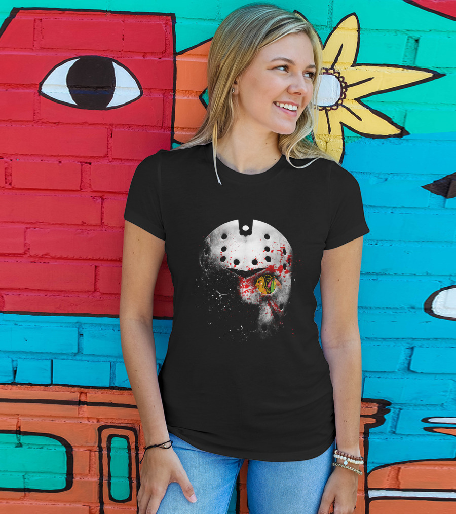 Chicago Blackhawks Jason Mask Blood Splatter Nhl Horror Crossover T-Shirt