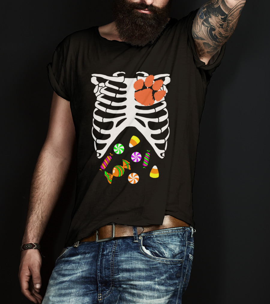 Clemson Tigers Halloween Candy Skeleton Paw Print T-Shirt