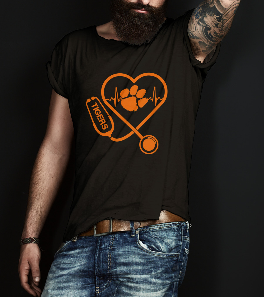 Clemson Tigers Heartbeat Stethoscope Paw Print T-Shirt