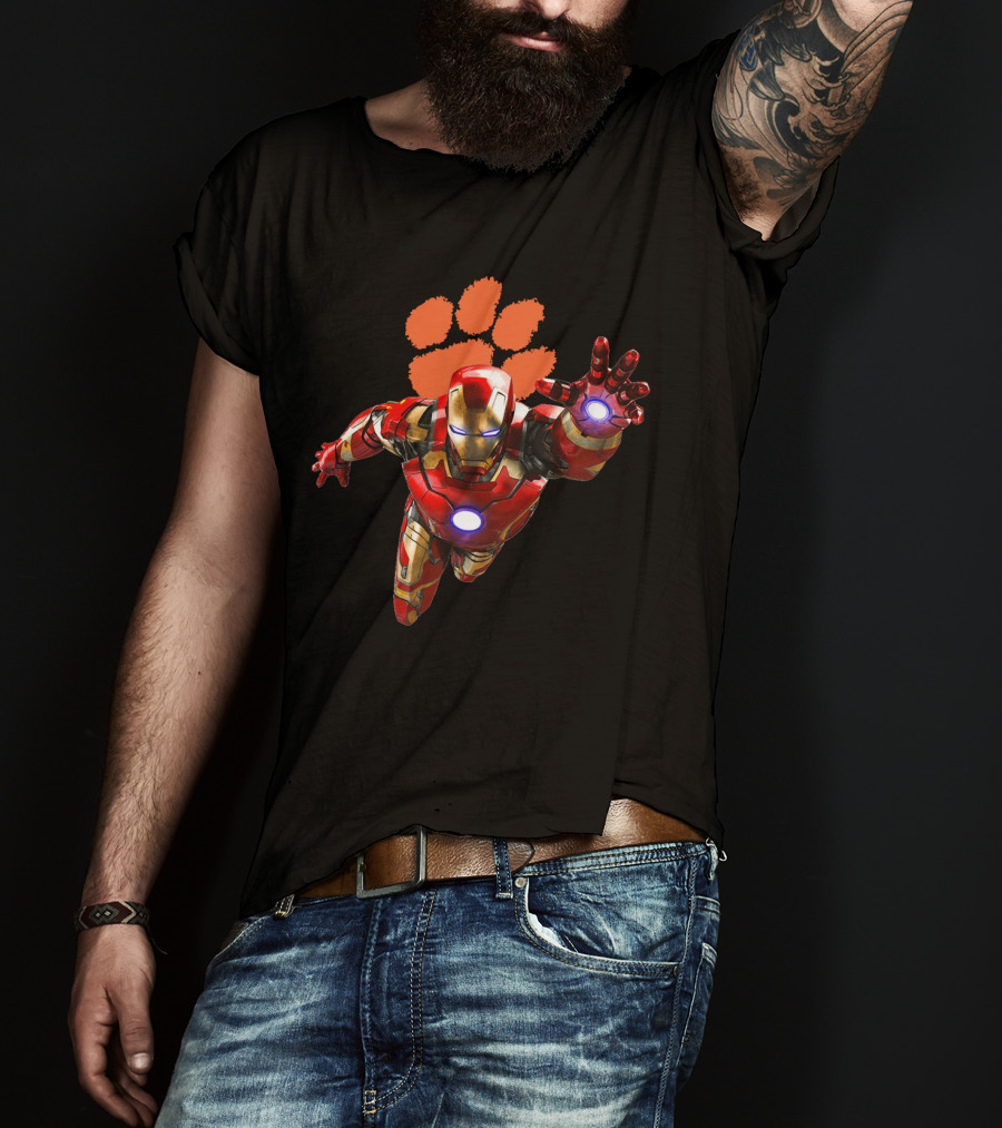Clemson Tigers Iron Man Flying Paw Print Football T-Shirt