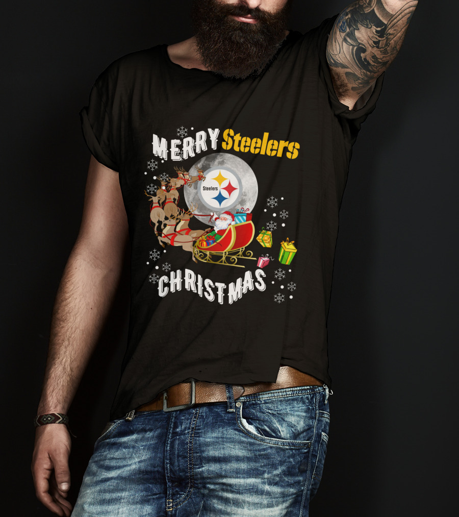 Merry Steelers Christmas Santa Sleigh And Moon T-Shirt