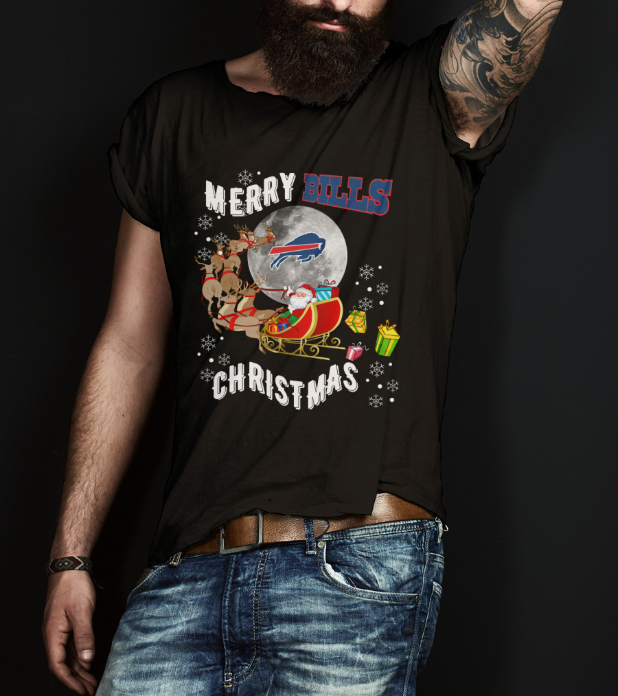 Merry Bills Christmas Buffalo Bills Santa Sleigh And Moon T-Shirt
