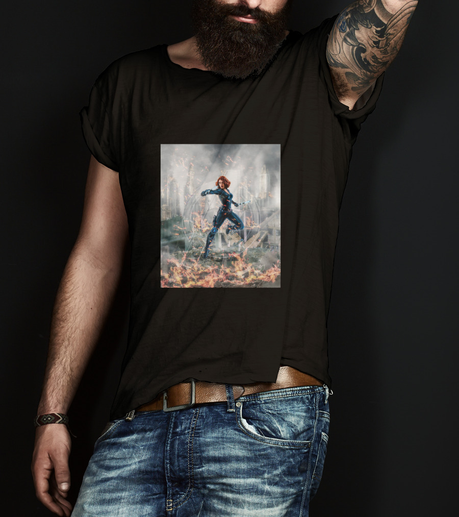 Avengers Cool Black Widow Action Scene Amidst Destruction T-Shirt