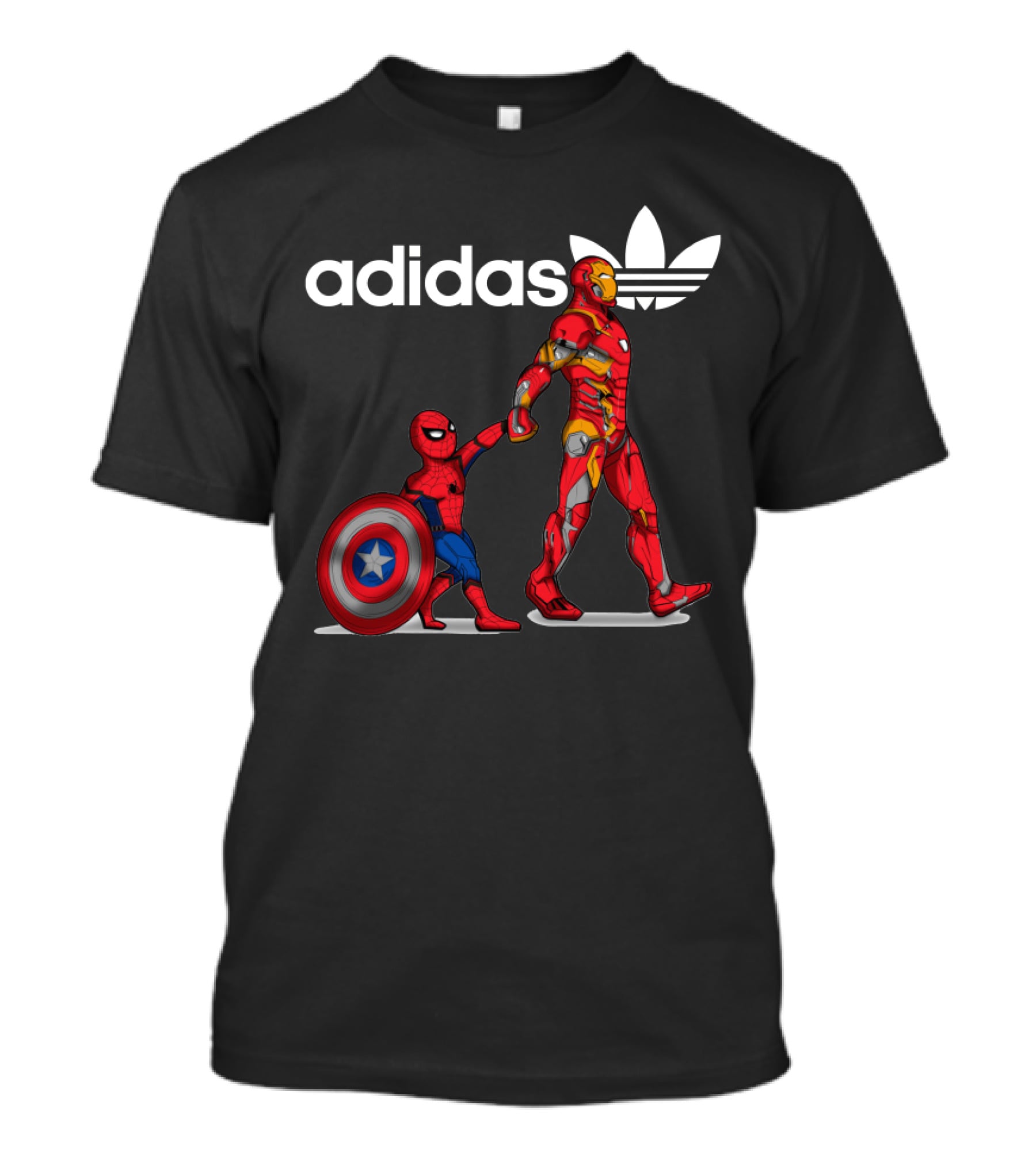 Iron Man Holding Shield Next To Small Spider-Man T-Shirt