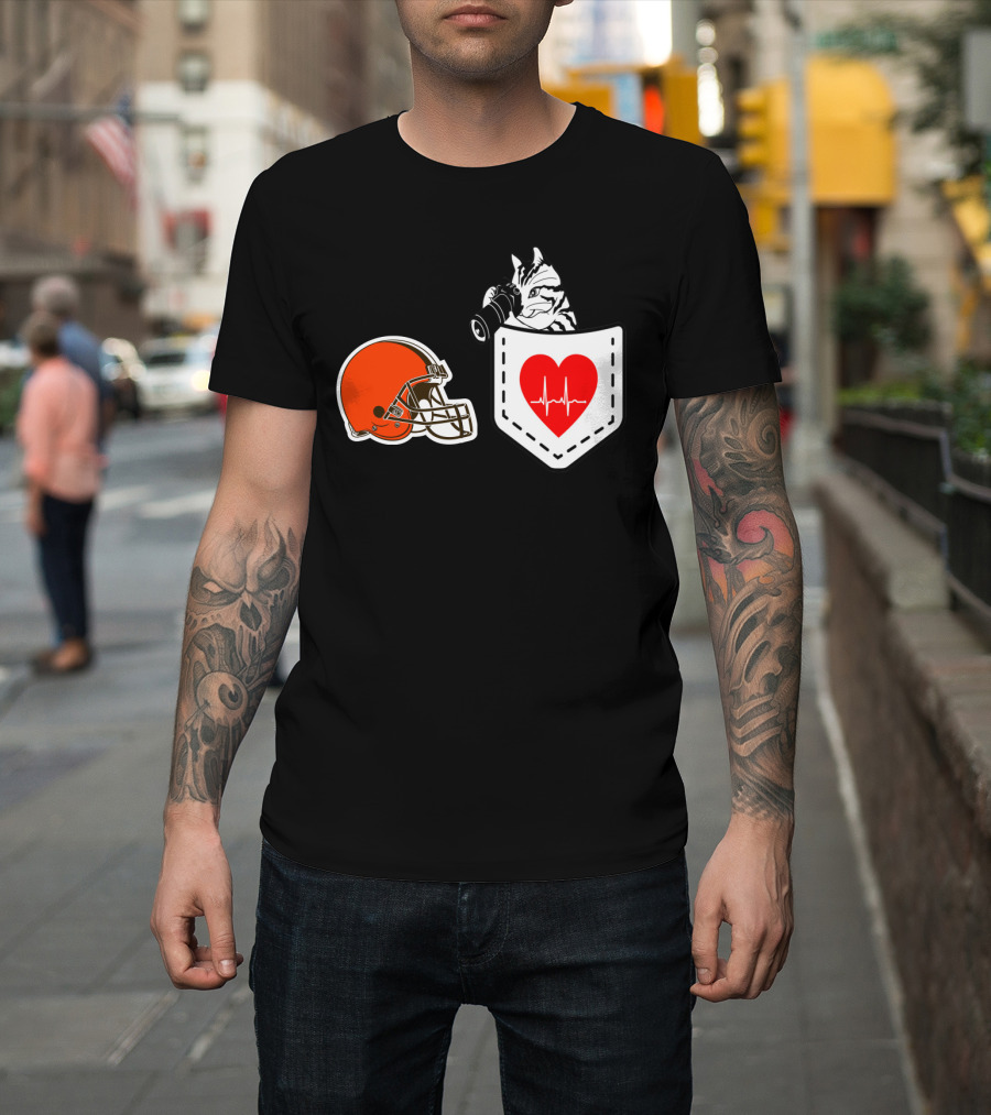 Cleveland Browns Helmet Zebra Heartbeat Pocket T-Shirt