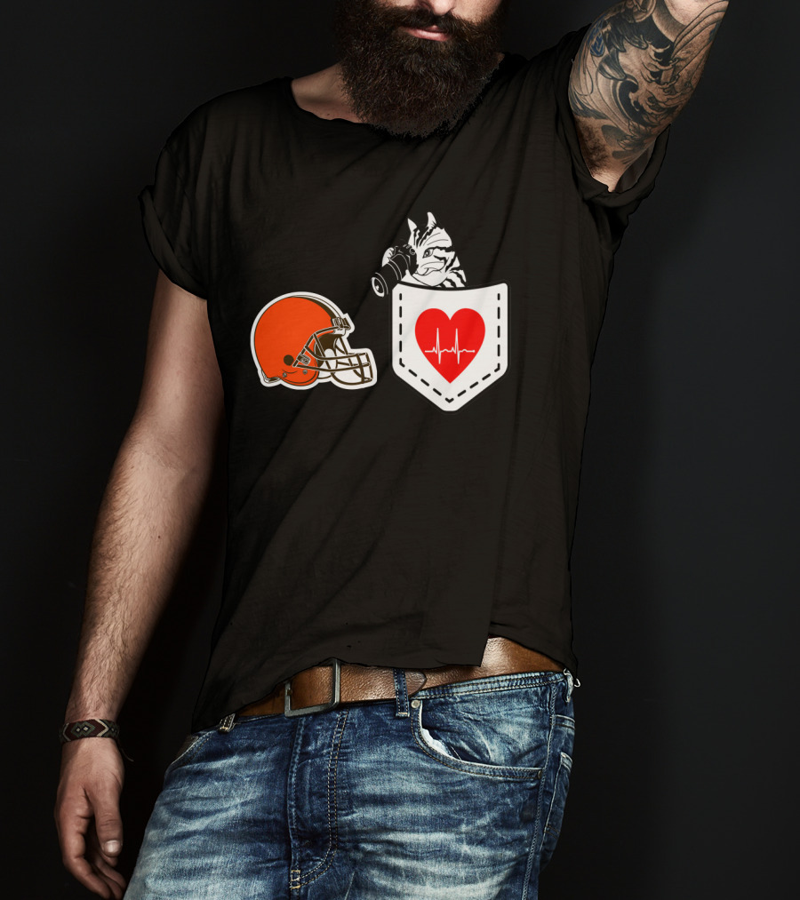 Cleveland Browns Helmet Zebra Heartbeat Pocket T-Shirt