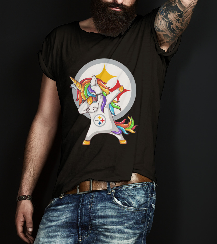 Unicorn Dabbing With Steelers Logo Rainbow Mane T-Shirt