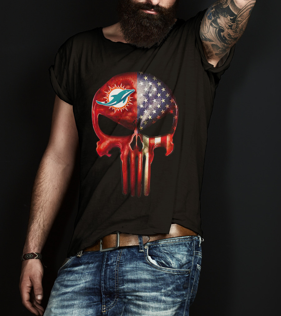 Miami Dolphins Punisher Skull American Flag For True Miami Fan Only T-Shirt