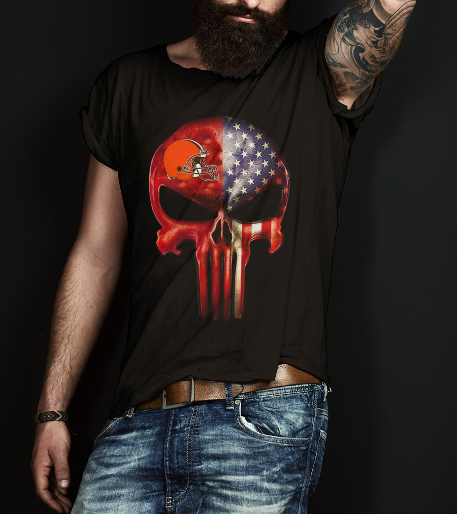 Cleveland Browns American Flag Skull For True Cleveland Fan Only T-Shirt