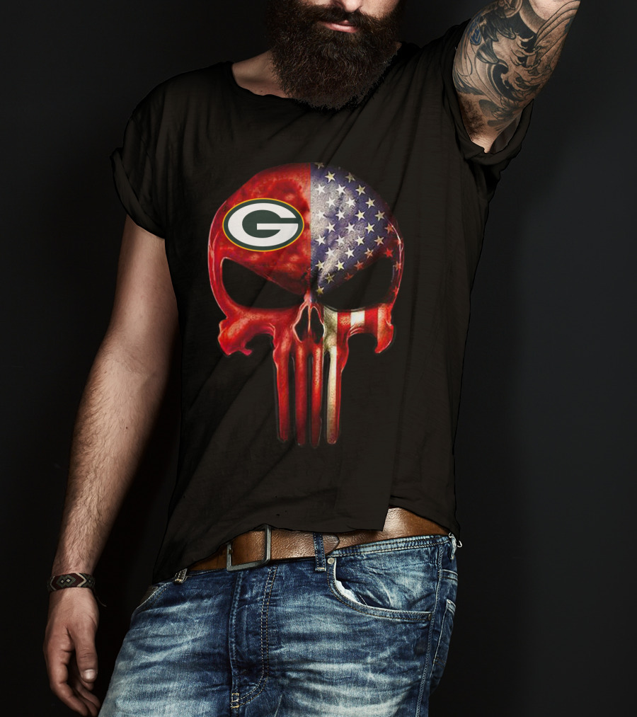 Green Bay Skull American Flag Fusion For True GreenBay Fan Only T-Shirt