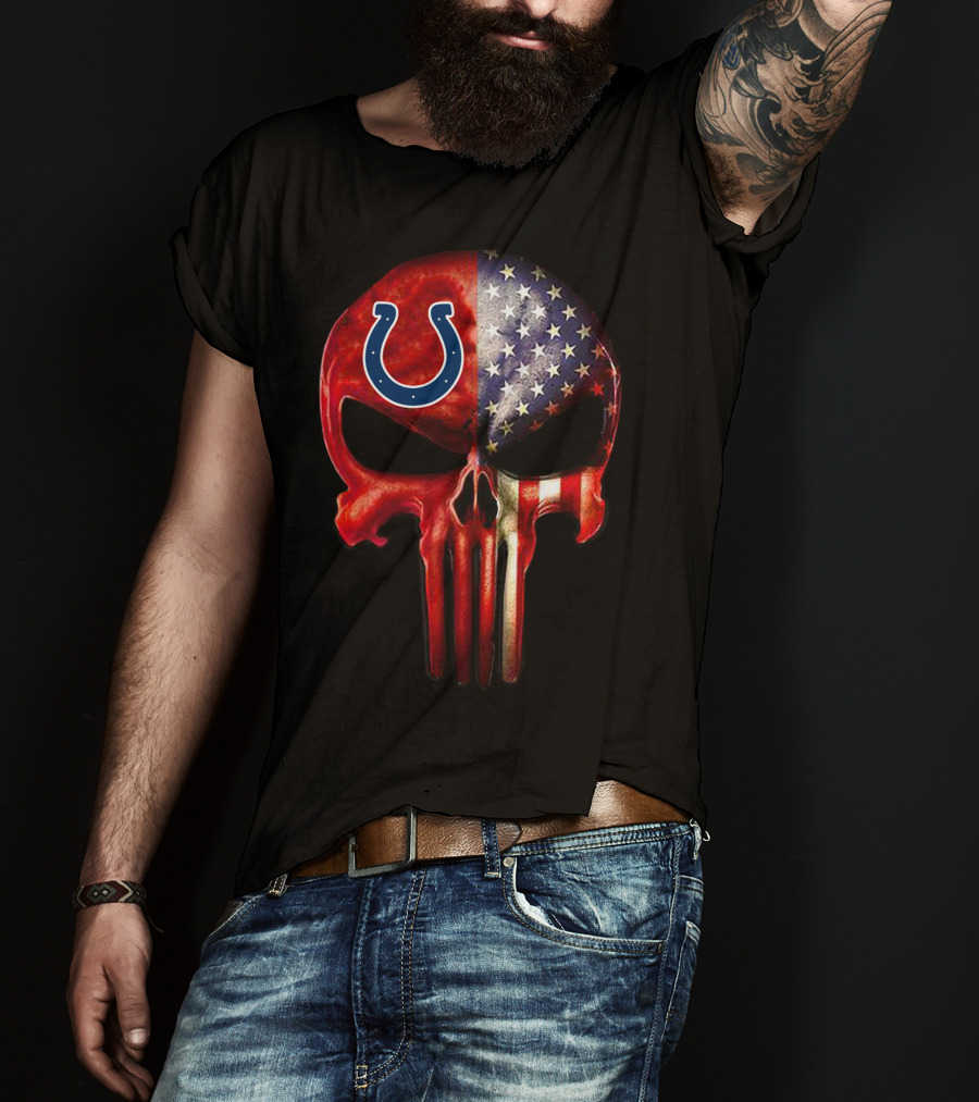 For True Indianapolis Fan Only Colts Punisher Skull American Flag T-Shirt
