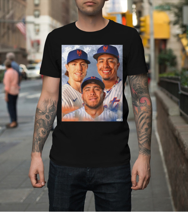 Shirt: New York Mets Brett Baty with Teammates in SNY Photo T-Shirt New York Mets Brett Baty with Teammates in SNY Photo T-Shirt