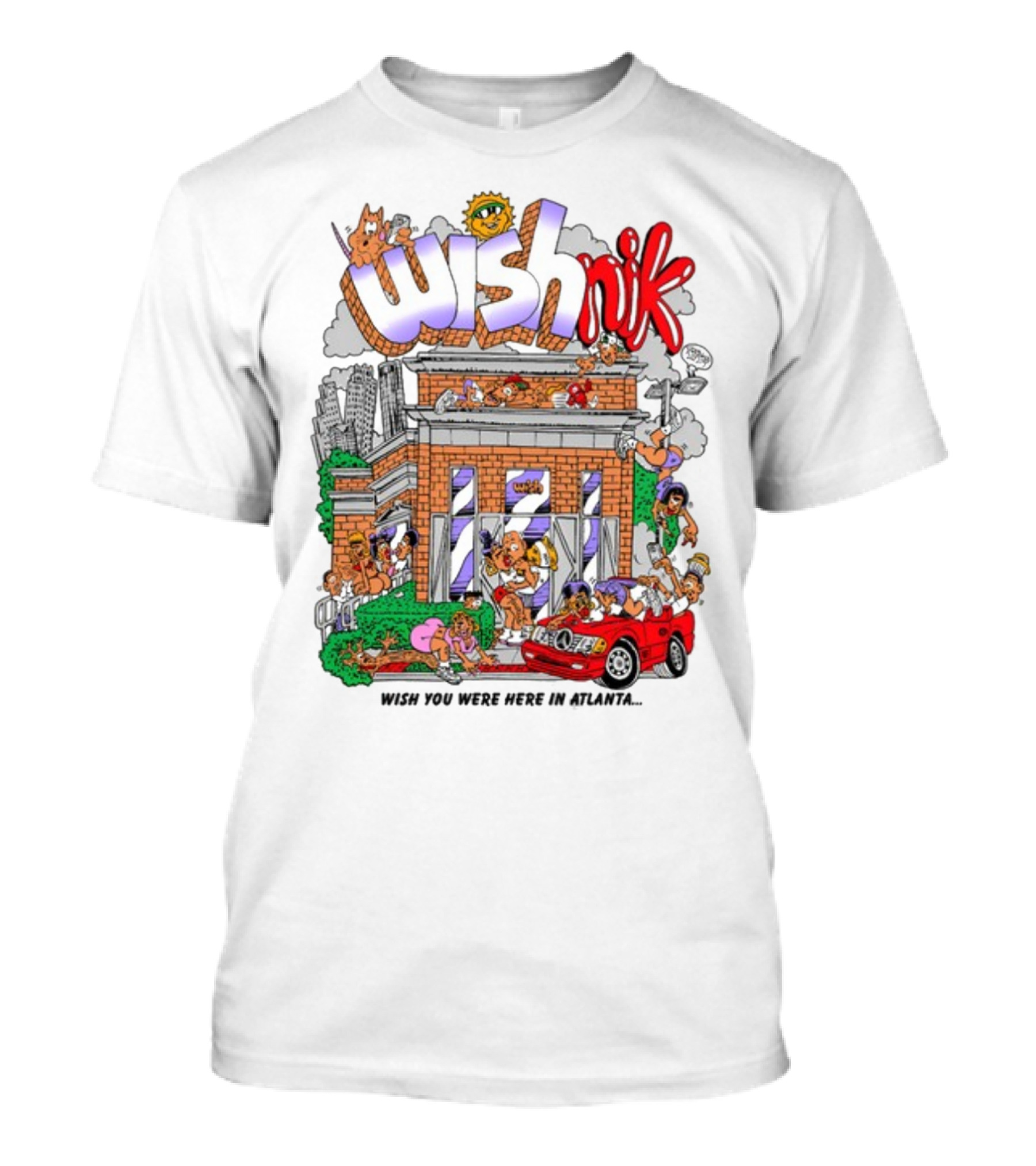Wishnik Wish You Were Here In Atlanta Cartoon Car Crowd Scene T-Shirt