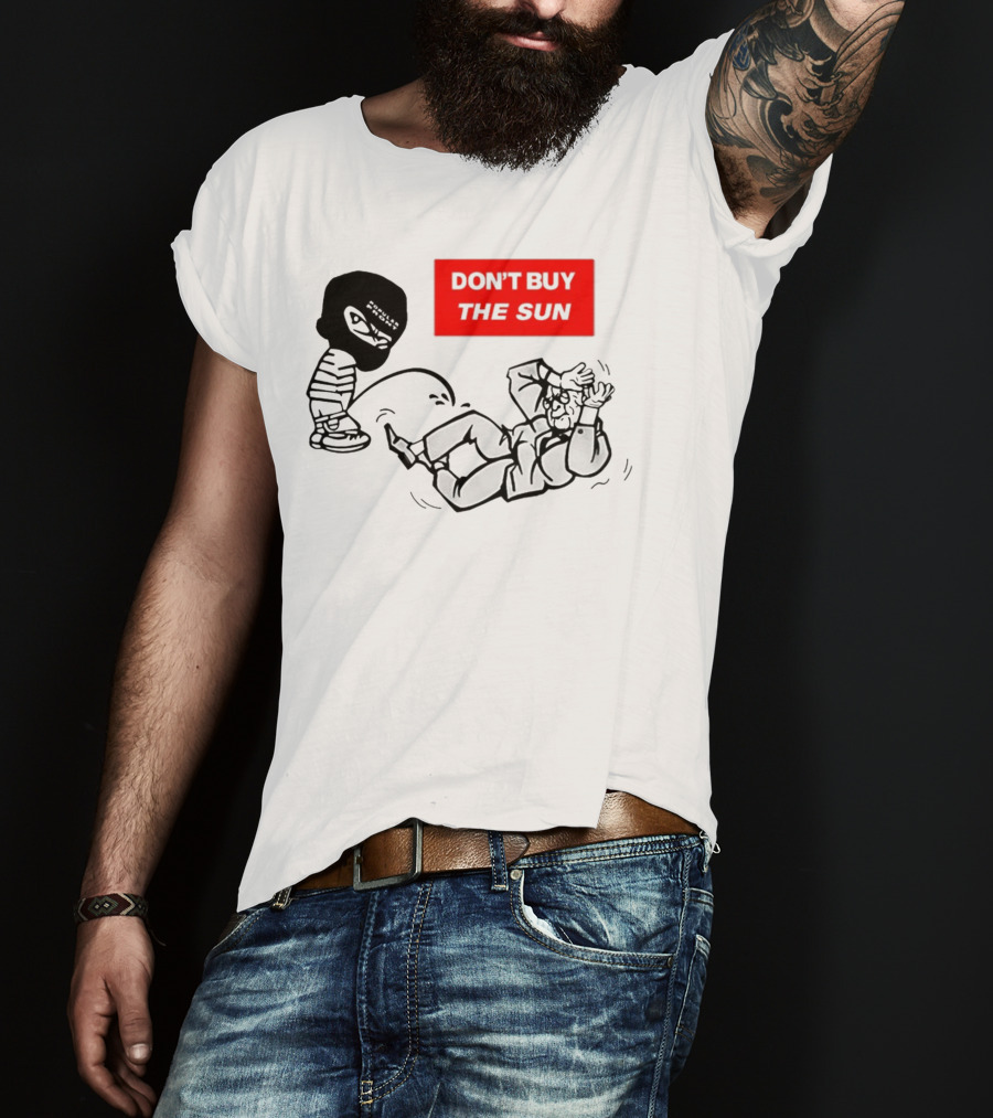 Don't Buy The Sun Graphic With Cartoon Character And Masked Figure Mocking Gesture T-Shirt