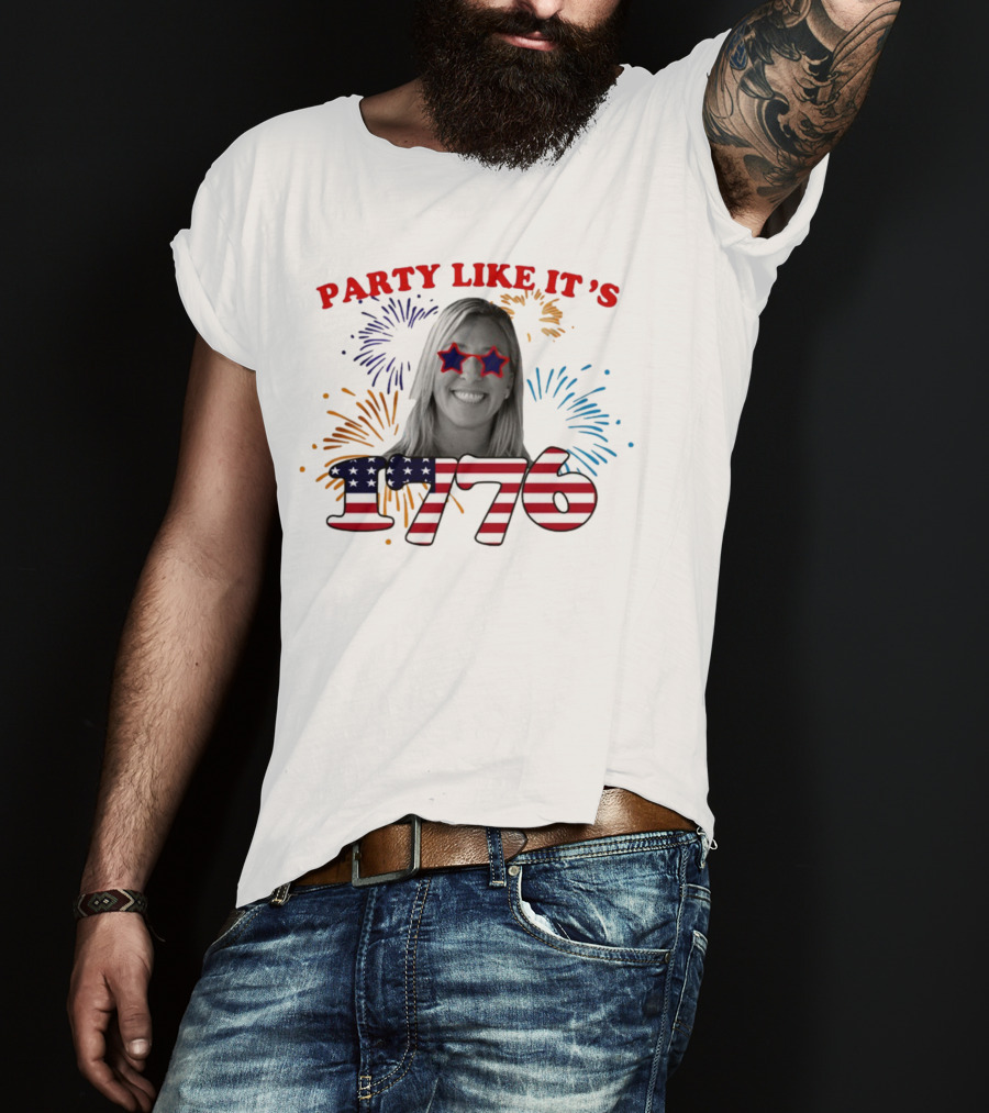 MTG Shop Marjorie Taylor Party Like It's 1776 Fireworks Star Glasses Patriotic T-Shirt