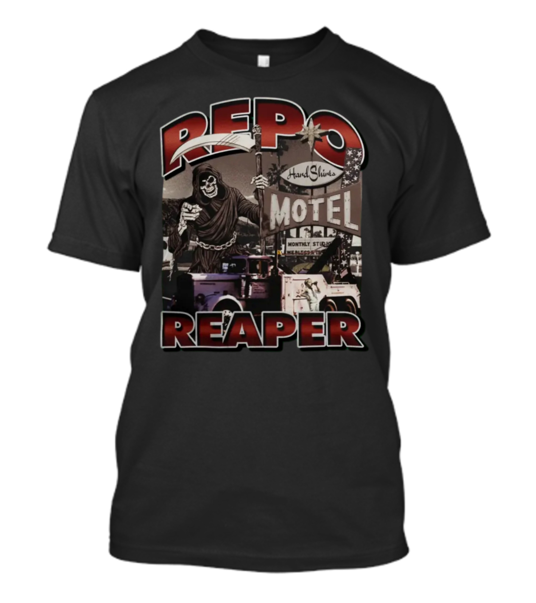Repo Reaper Grim Skeleton Scythe Hard Slines Motel Scene T-Shirt