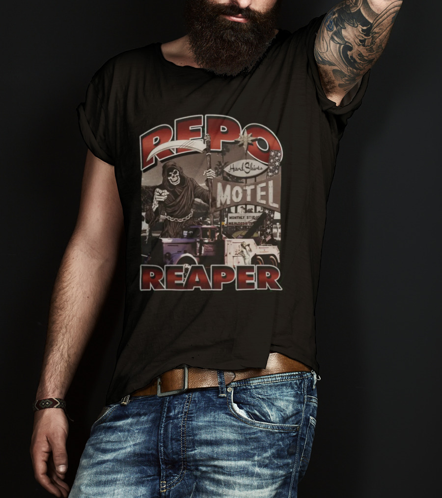 Repo Reaper Grim Skeleton Scythe Hard Slines Motel Scene T-Shirt