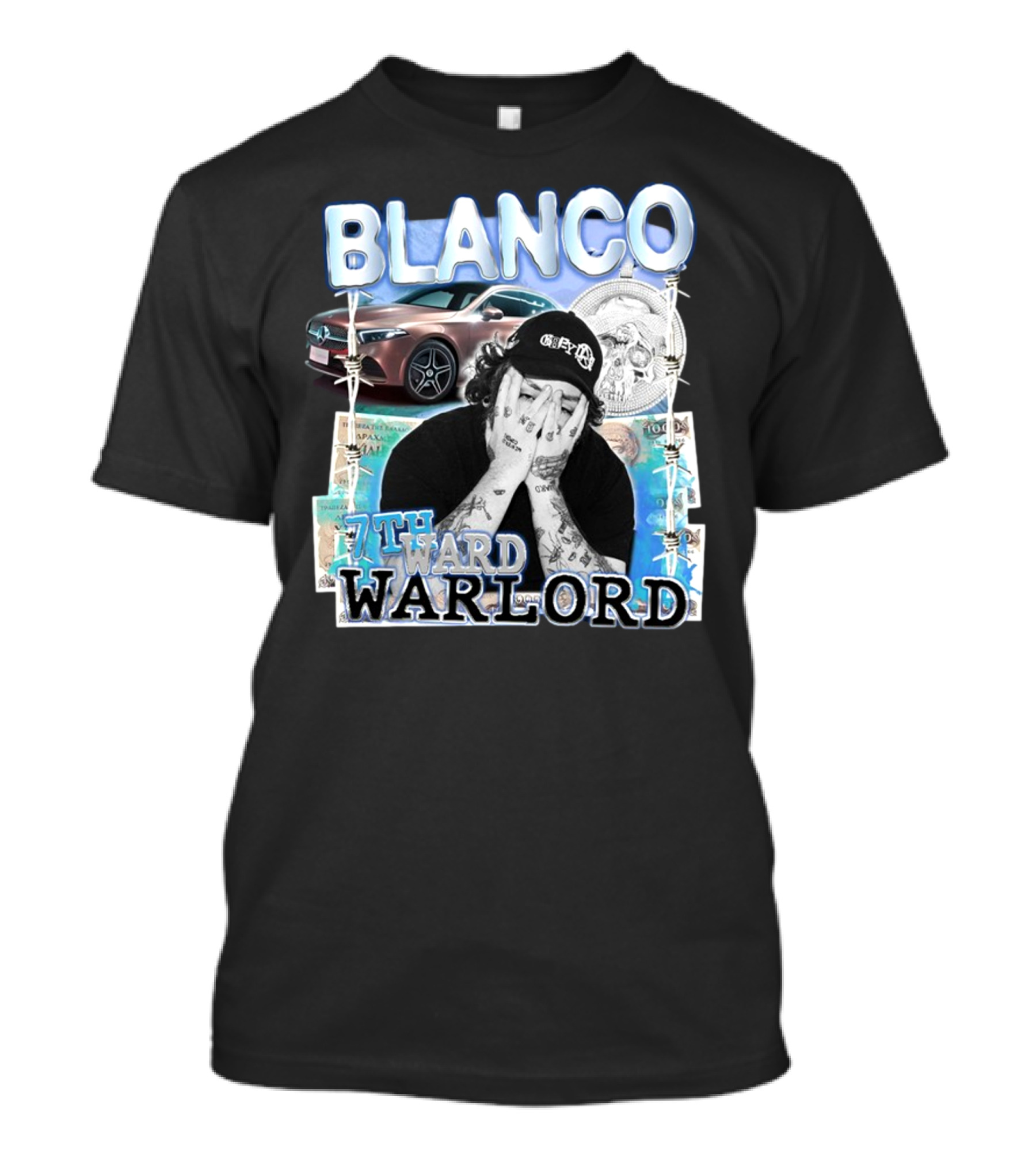 Blanco 7Thward Warlord Money Car Skull Tattoo Barbed Wire Aesthetic T-Shirt