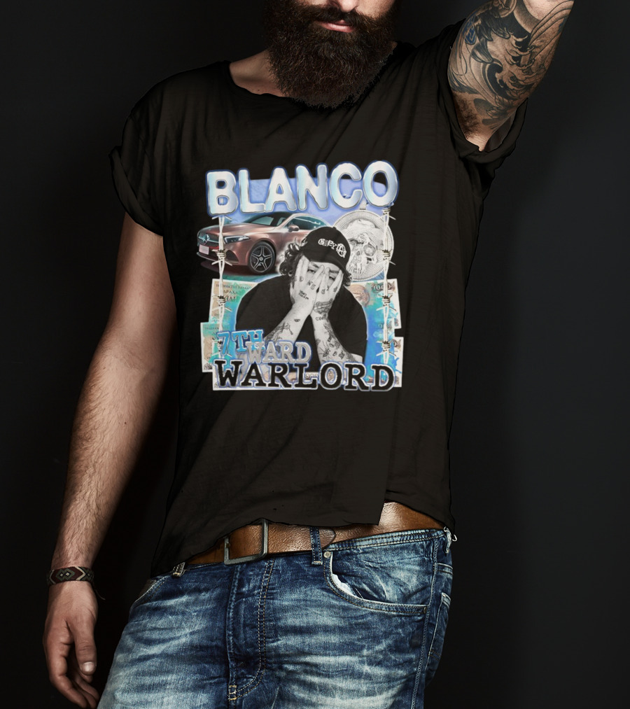 Blanco 7Thward Warlord Money Car Skull Tattoo Barbed Wire Aesthetic T-Shirt