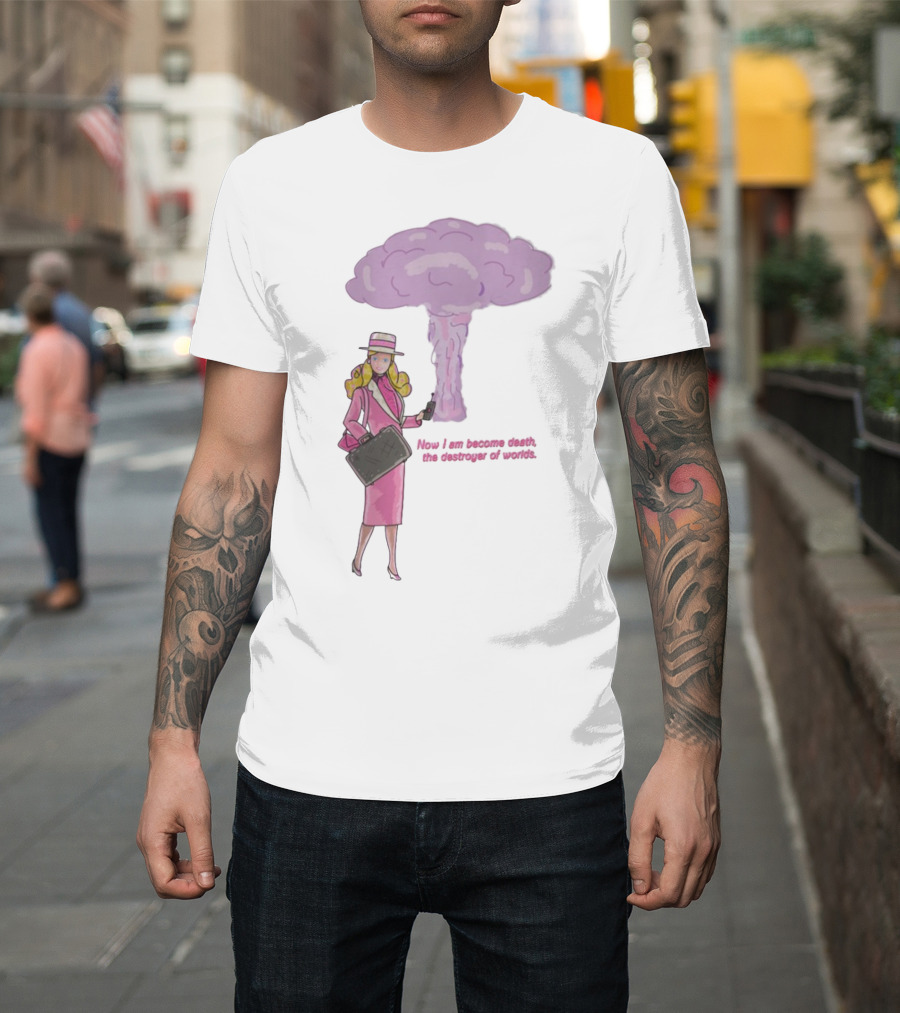 Now I Am Become Death The Destroyer Of Worlds Blonde Woman Pink Outfit Holding Bag Phone With Purple Mushroom Cloud T-Shirt