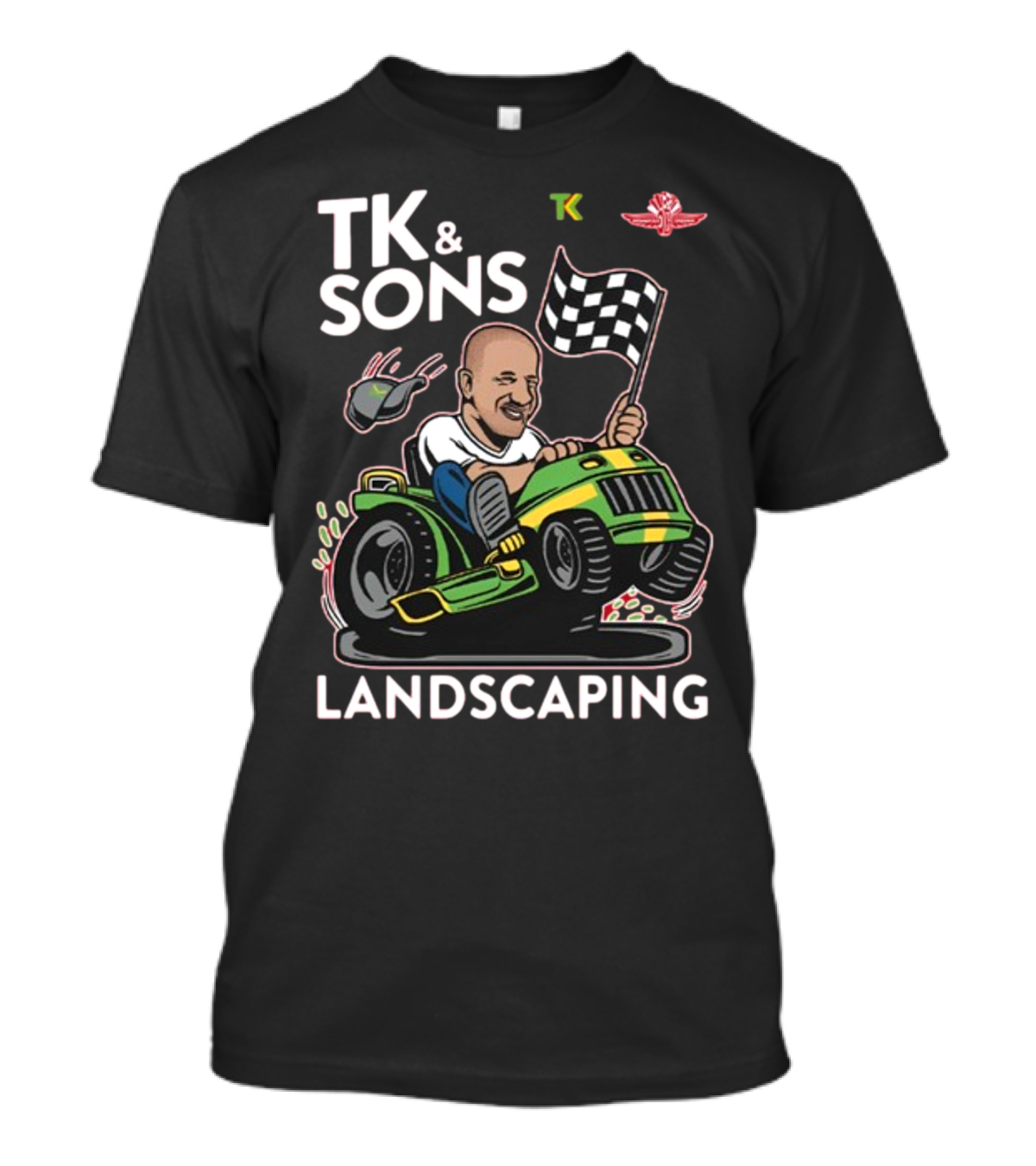 TK And Sons Landscaping Racing Lawn Mower Checkered Flag Victory T-Shirt