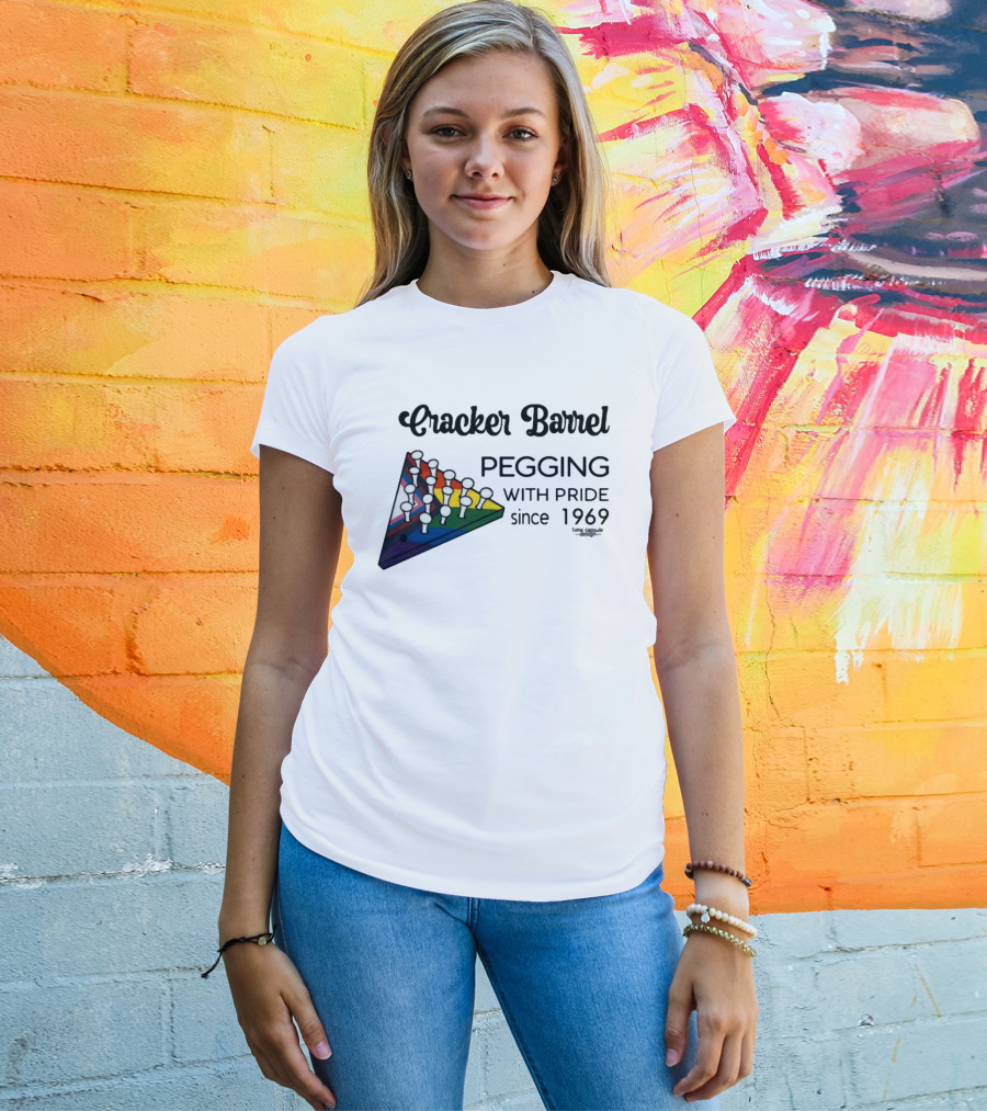 Cracker Barrel Pegging With Pride Since 1969 Rainbow Triangle Peg Board T-Shirt
