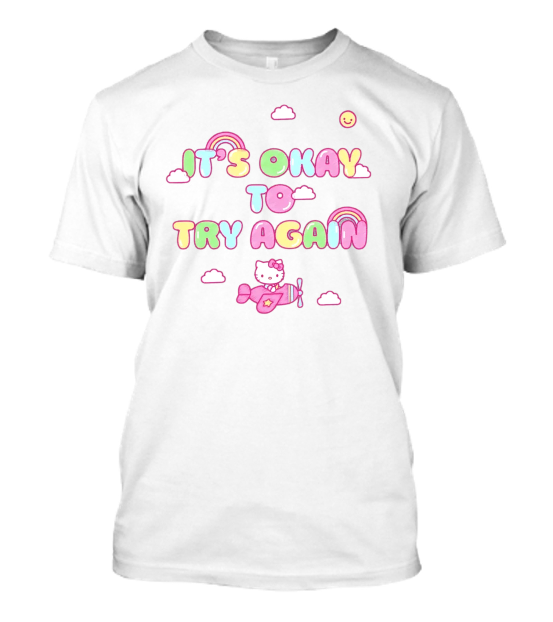 Hello Kitty It's Okay To Try Again Rainbow Clouds Airplane T-Shirt
