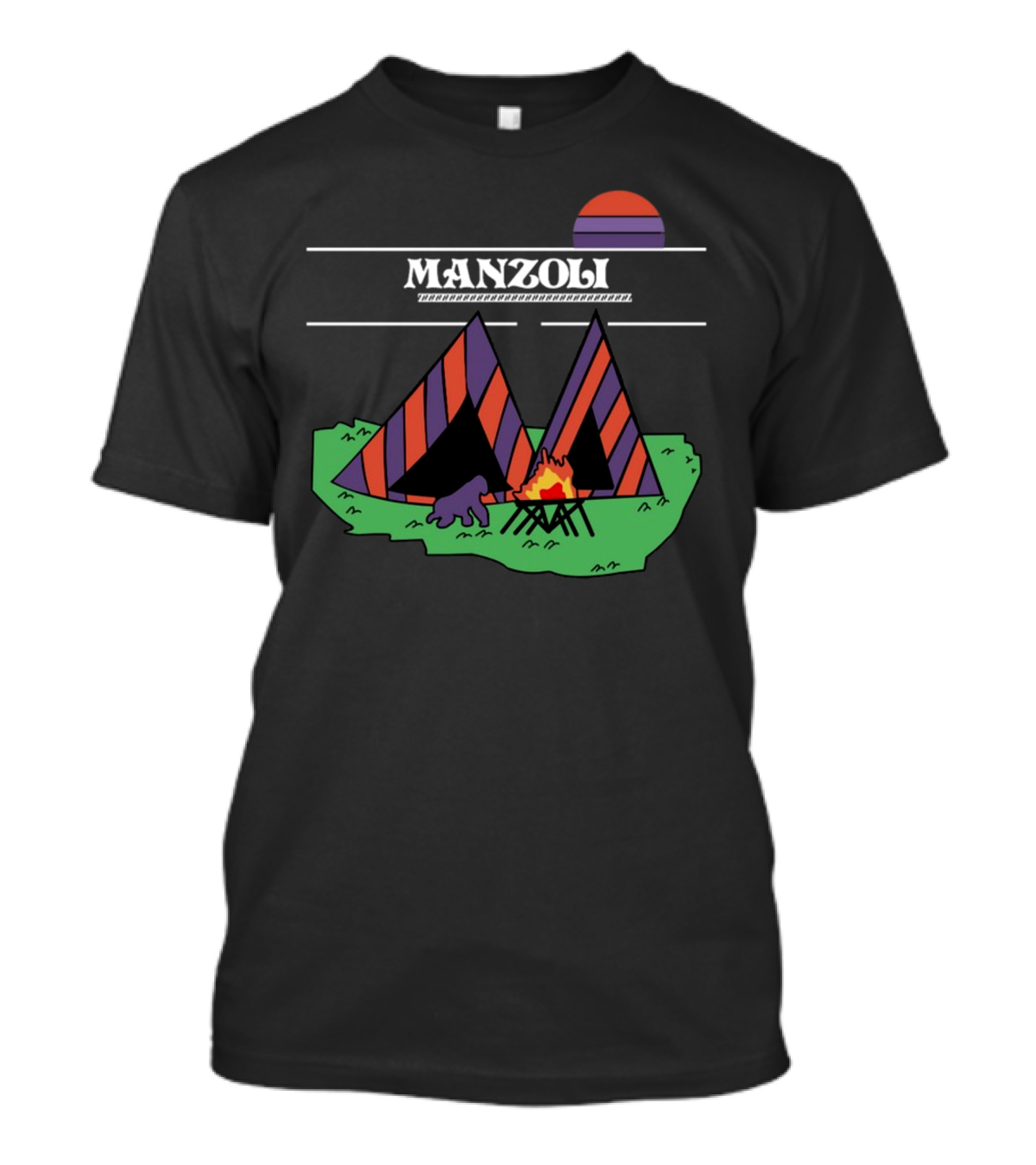 MANZOLI Tent Camping Fire Sunset Stripes T-Shirt