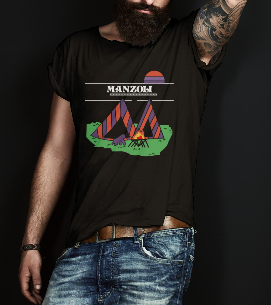 MANZOLI Tent Camping Fire Sunset Stripes T-Shirt