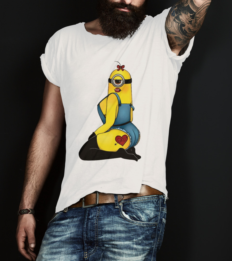 Minion In Blue Overalls With Gru Heart Tattoo And Red Bow T-Shirt