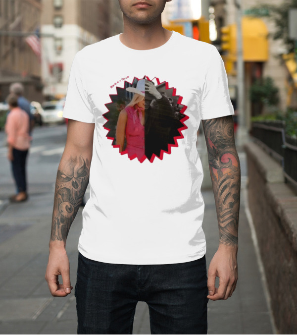 Shirt: Barbie X Oppenheimer Is Margot Robbie Mashup Portrait Starburst T-Shirt Barbie X Oppenheimer Is Margot Robbie Mashup Portrait Starburst T-Shirt