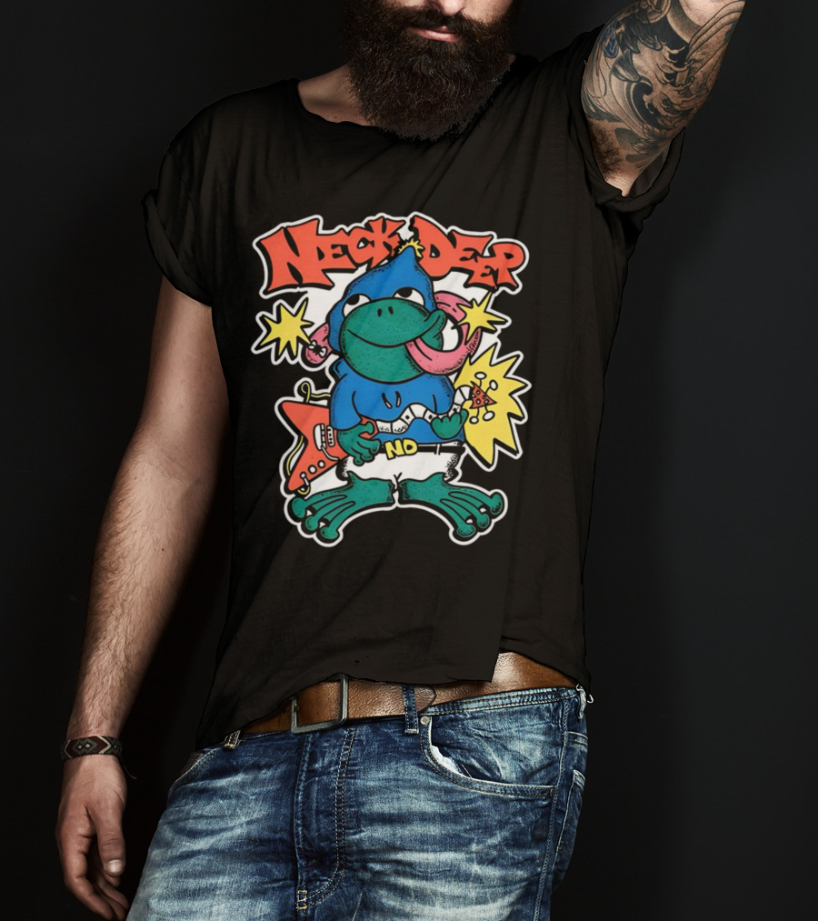 Neck Deep Frog Cartoon Character Holding Red Electric Guitar With Stars And No Belt T-Shirt