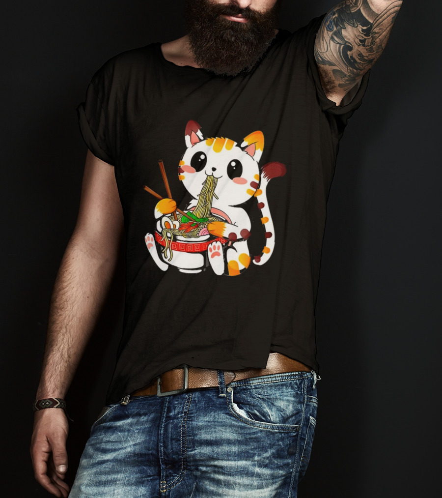 Furia Hiswattson Cat Enjoying Ramen Bowl With Chopsticks T-Shirt