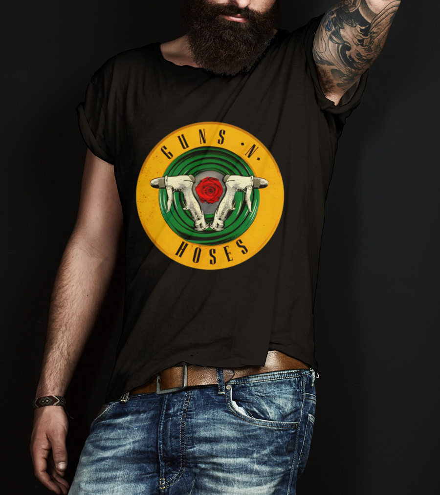 Guns N Hoses Firefighter Hydrant Nozzle Cross With Rose Circle Emblem T-Shirt