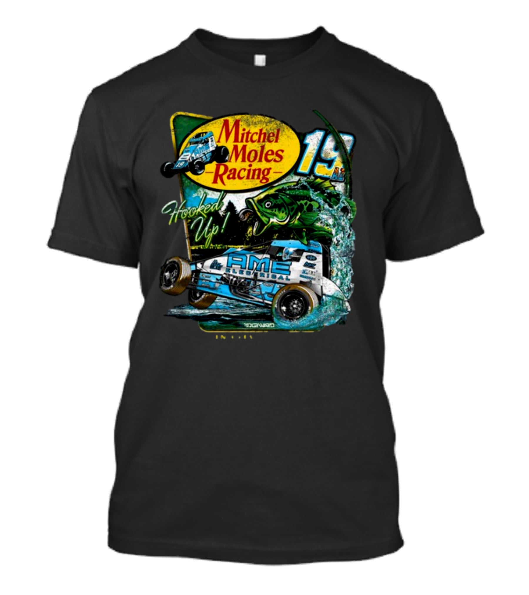 Mitchel Moles Racing 19 Hooked Up Raisin City California Sprint Car Bass Fishing T-Shirt
