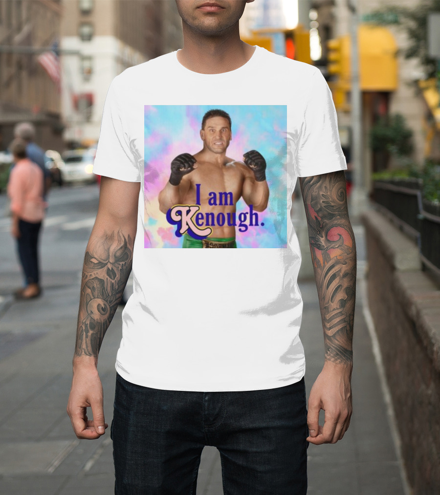 Brogan Ken Shamrock I Am Kenough Boxer Gloves Blue Pink Background T-Shirt
