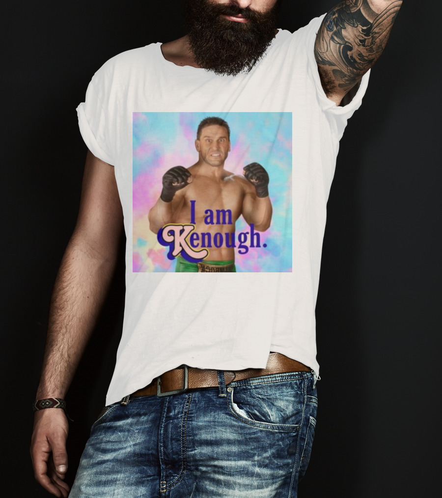 Brogan Ken Shamrock I Am Kenough Boxer Gloves Blue Pink Background T-Shirt