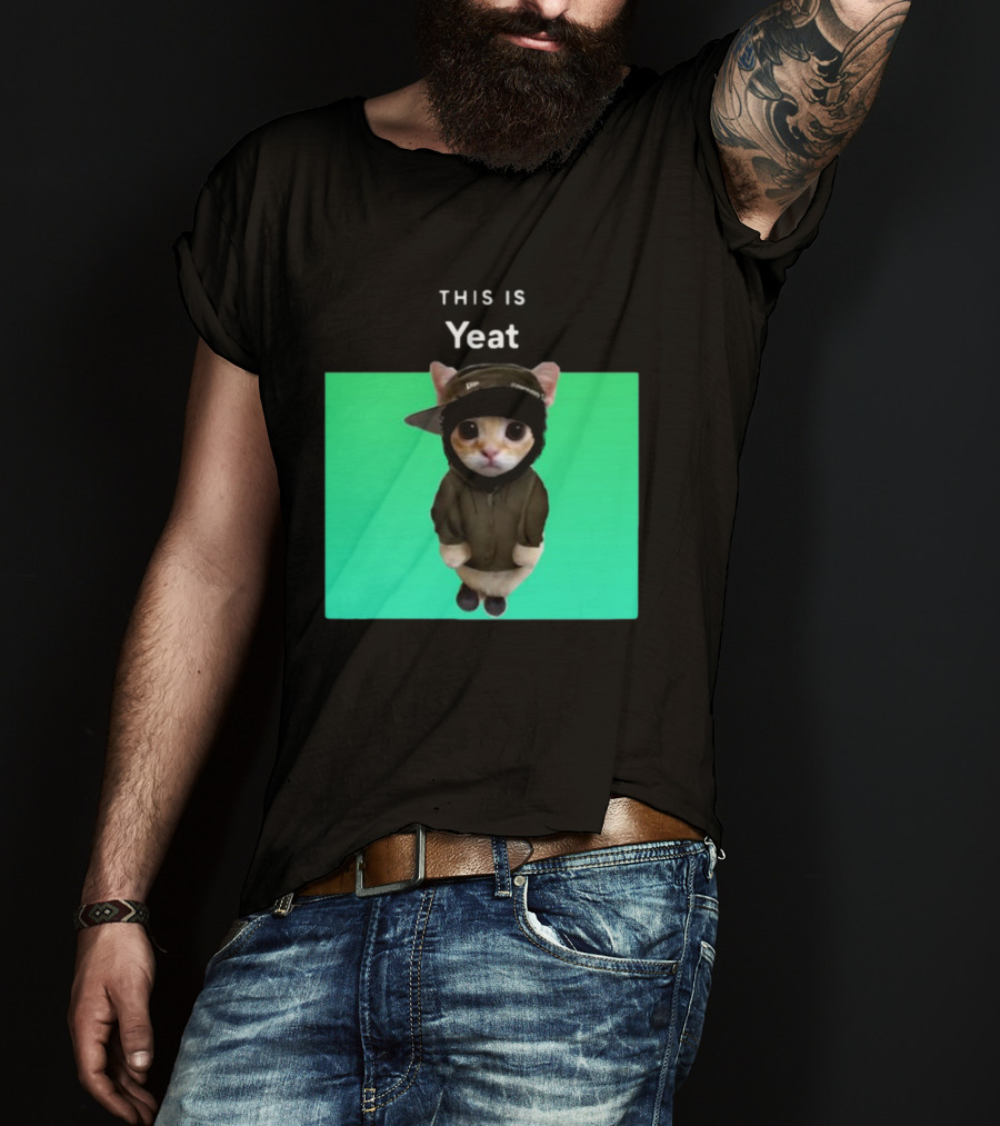 Yeat Cat Wearing Hoodie And Cap On Green Background T-Shirt