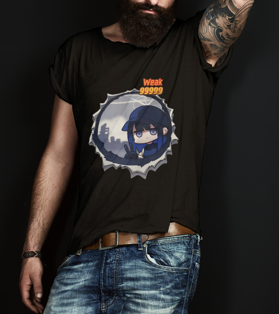 Weak 99999 Manga Character Peering Through Circular Portal T-Shirt