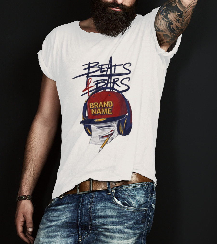 Beats And Bars Brand Name Hat Headphones Pencil Sketch T-Shirt