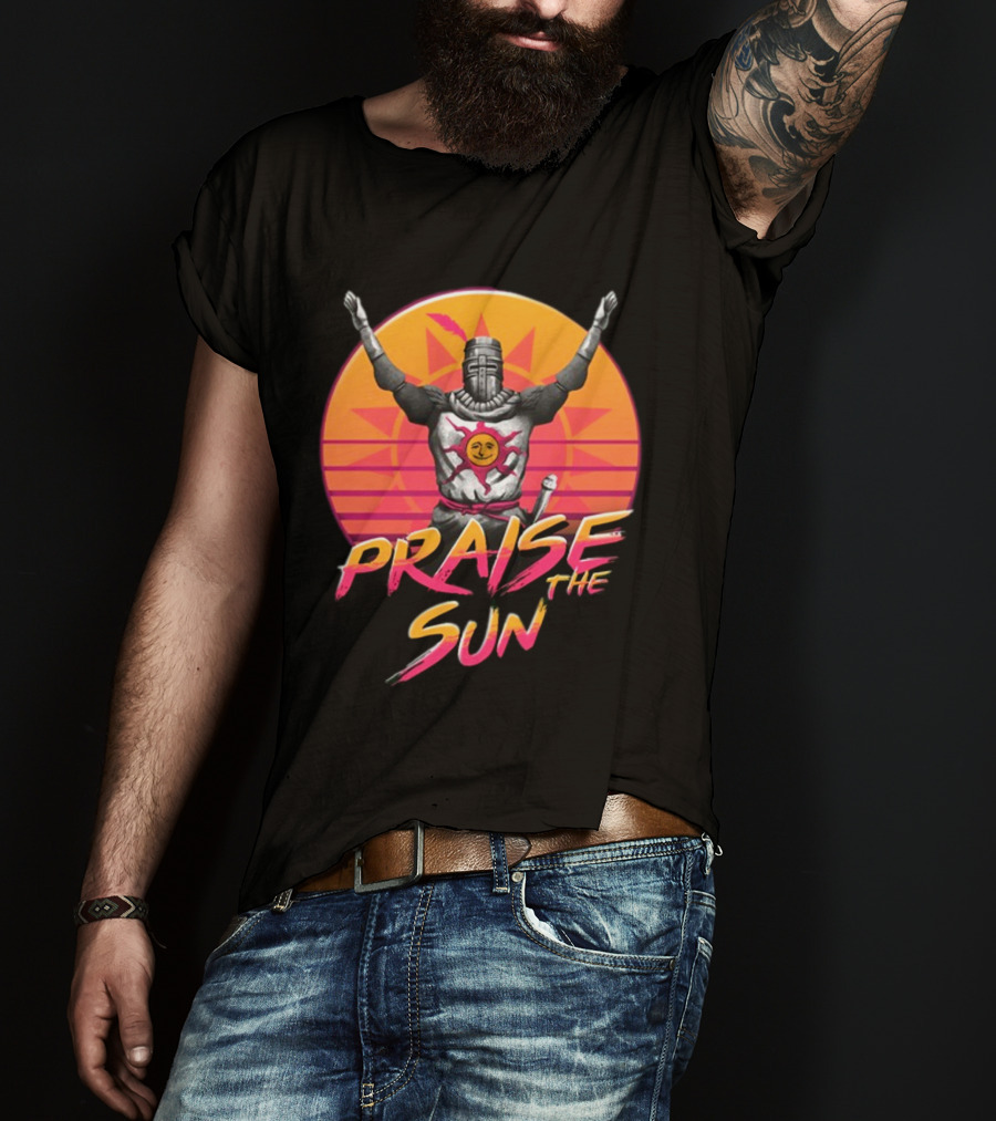 Praise The Sun Solaire Of Astora Dark Souls Knight Retro Sunset T-Shirt